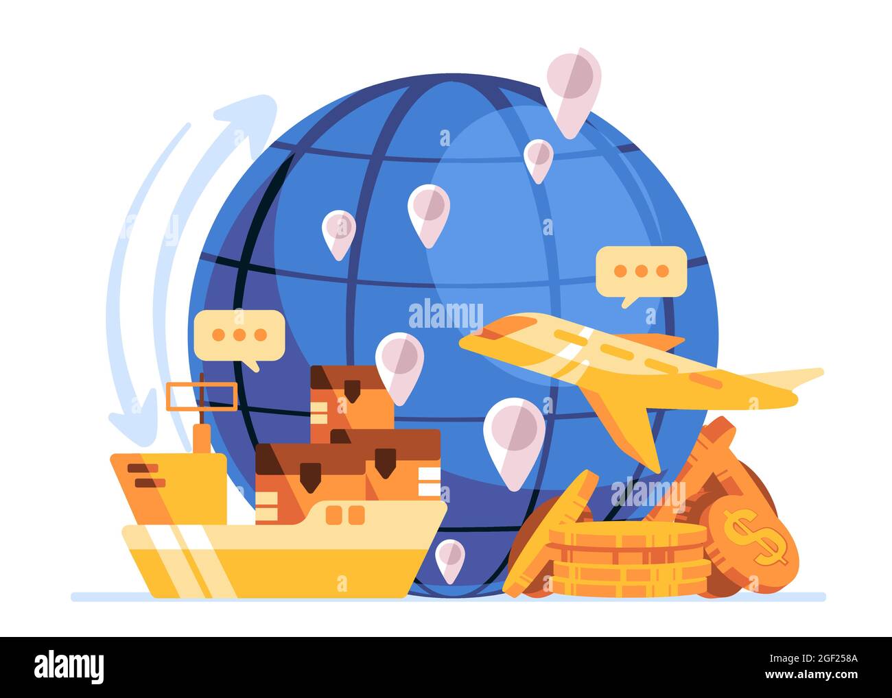 il globo blu con l'icona di trasporto, aereo, valuta del dollaro, commercio globale fra i paesi fanno la guerra del commercio tariffario Illustrazione Vettoriale