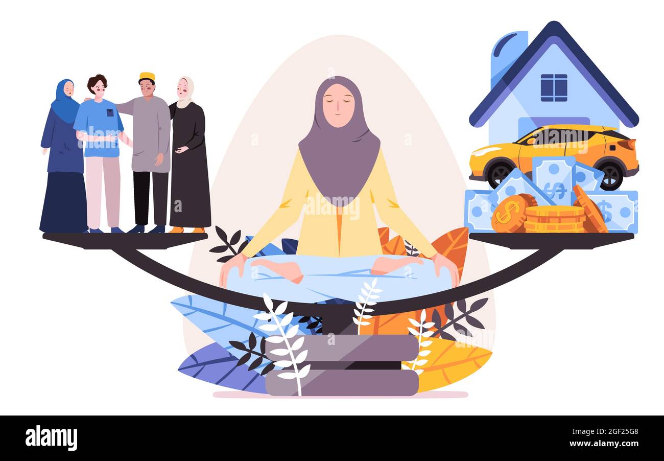 la donna con hijab dietro la scala per vedere l'equilibrio tra lavoro, casa, soldi, veicolo con la famiglia e religione islamica o religiosa Illustrazione Vettoriale
