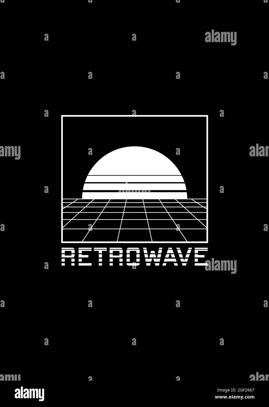 T-shirt Retrowave e design di abbigliamento con griglia prospettica, sole all'orizzonte e titolo a righe RETROWAVE. L'estetica degli anni '80. Bianco e nero Illustrazione Vettoriale