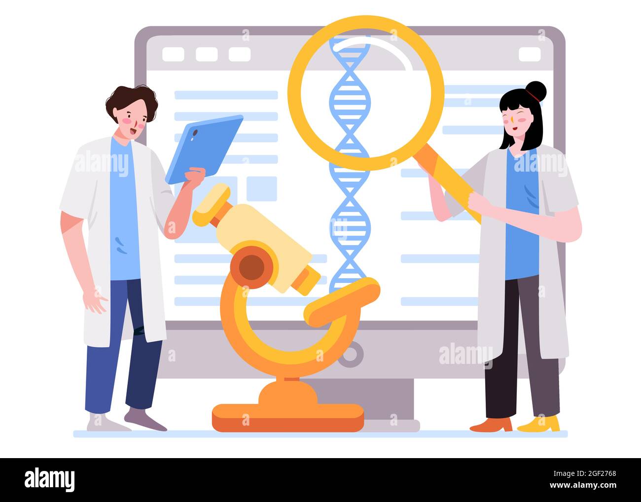 In bioinformatica per le sequenze di DNA, il ricercatore sta ricercando test e analisi del DNA utilizzando terminazione a catena con microscopio Illustrazione Vettoriale