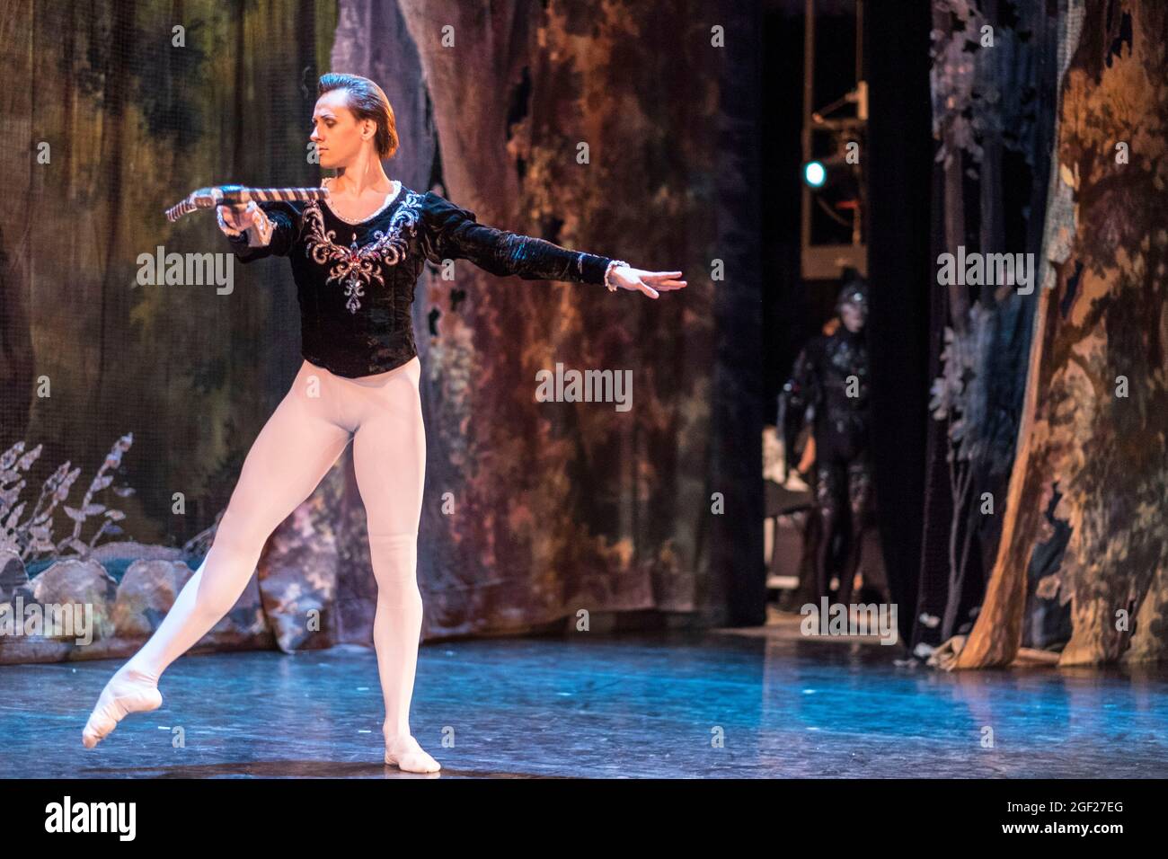 Ballerino di piombo che gioca il ruolo di Siegfried in una produzione russa del lago di Swan in un teatro a San Pietroburgo Foto Stock