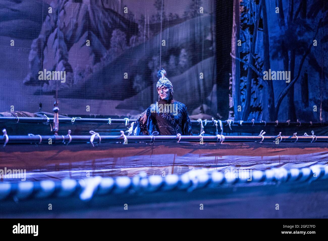 Ballerino maschile principale in costume in una produzione del lago Swan in un teatro a San Pietroburgo, Russia. Foto Stock
