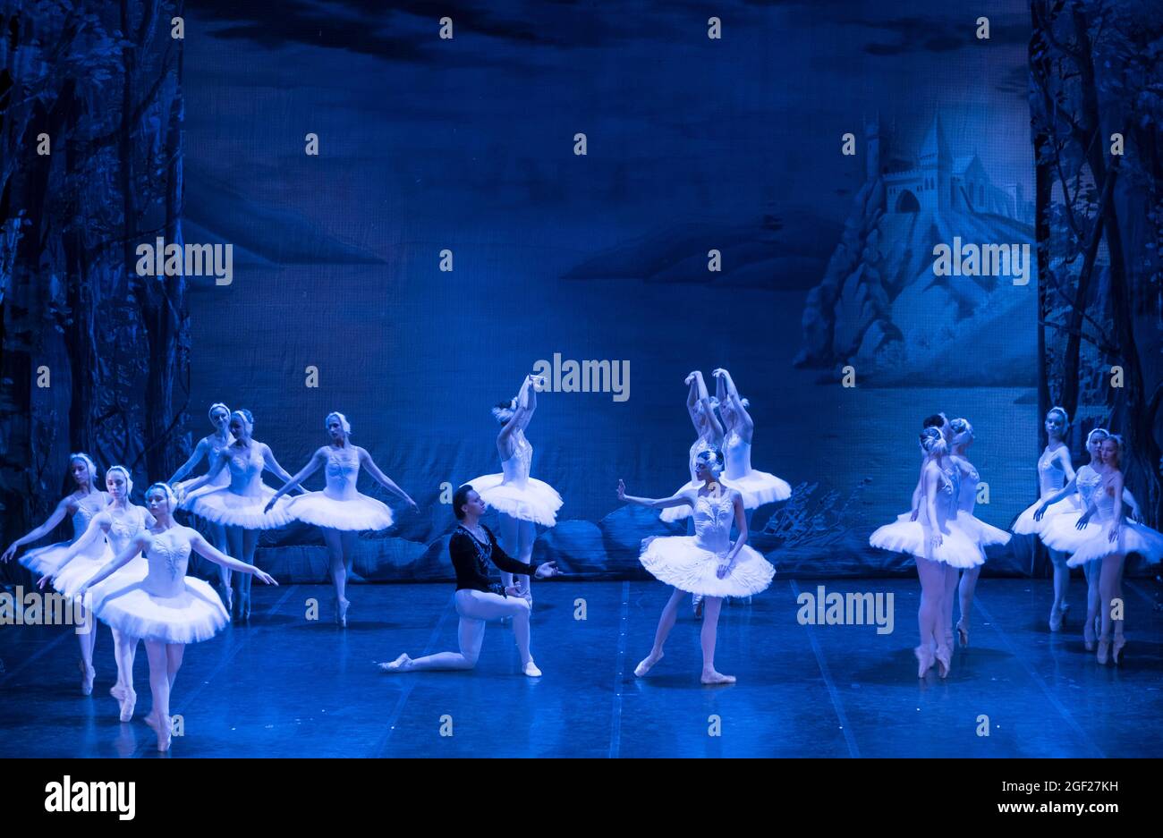 Spettacolo del lago di Swan in un teatro a San Pietroburgo, Russia con corps de ballet e principal danzanti Foto Stock