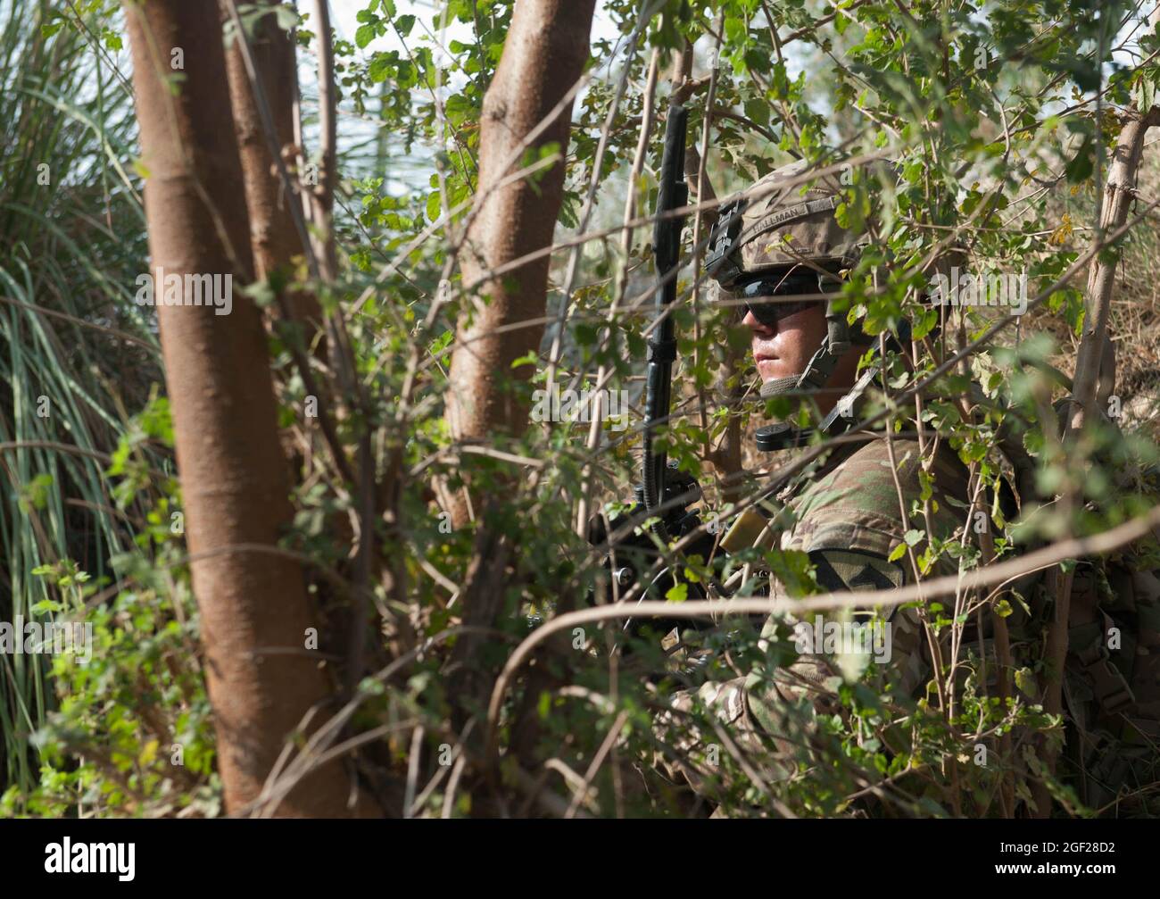 PFC dell'esercito degli Stati Uniti. Brendon Hallman, di Winchester, Va., un osservatore di sostegno in avanti con truppa B, 4° Squadron, 9° Reggimento Cavalry, 2° Armored Brigade Combat Team, 1° Divisione Cavalry, tiene sotto controllo durante un pattugliamento di ricognizione pomeridiano presso la base operativa Forward Fenty, provincia di Nangarhar, Afghanistan, 29 settembre 2013. Durante la pattuglia, i soldati hanno intervistato la terra che circonda Fenty e hanno incontrato i locali nei villaggi vicini per migliorare le relazioni esistenti. (STATI UNITI Guardia Nazionale dell'esercito foto di Sgt. Margaret Taylor, 129th Mobile Public Affairs distaccamento/RILASCIATO) Foto Stock