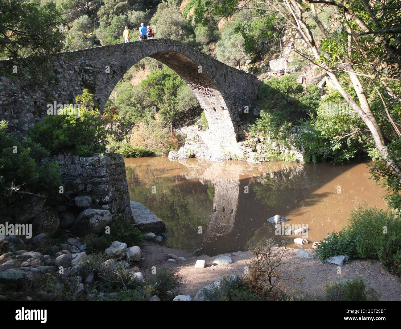 Pont Génois, elegante ponte genovese ad arco in pietra antica vicino Ota, Corsica, Francia Foto Stock