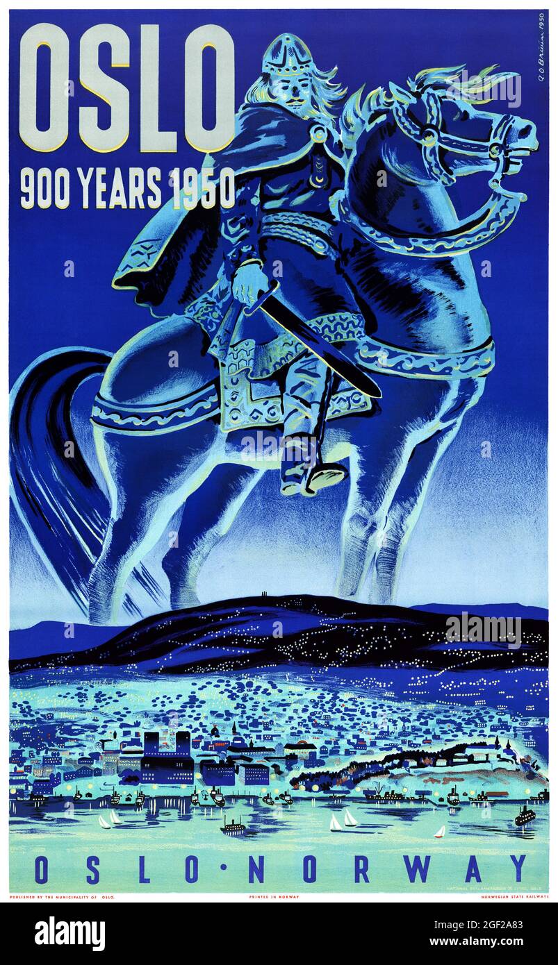 Oslo. 900 anni 1950 da A.O. Briuim (date sconosciute). Poster d'epoca restaurato pubblicato nel 1950 in Norvegia. Foto Stock