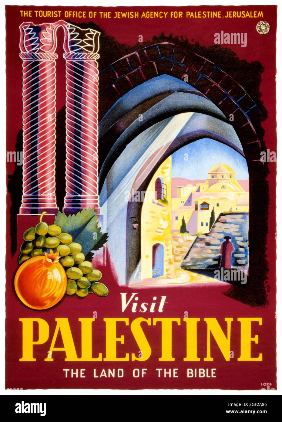 Visita Palestina. La terra della bibbia di Mitchell Loeb (1889-1968). Poster d'epoca restaurato pubblicato nel 1947 in Palestina. Foto Stock