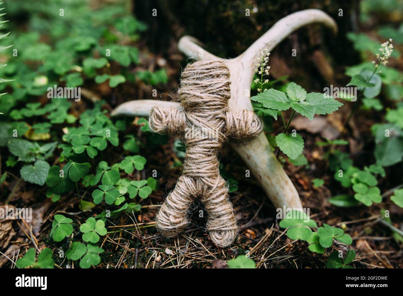 Una bambola voodoo intrecciata di fili e ossa in un rituale in una foresta misteriosa. Foto Stock