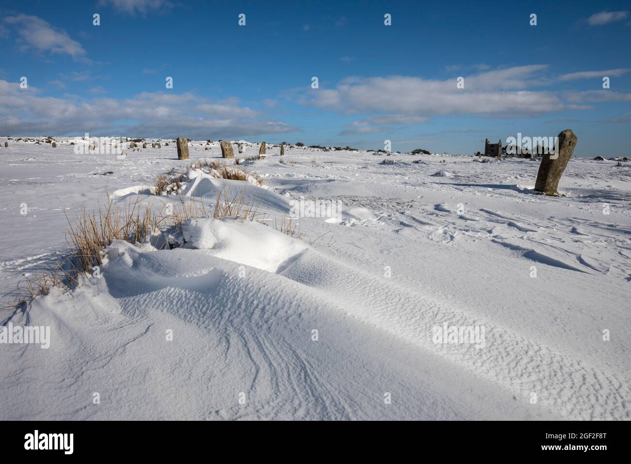 Il Hurlers; cerchio di pietra; neve; Bodmin Moor; Cornovaglia; Regno Unito Foto Stock