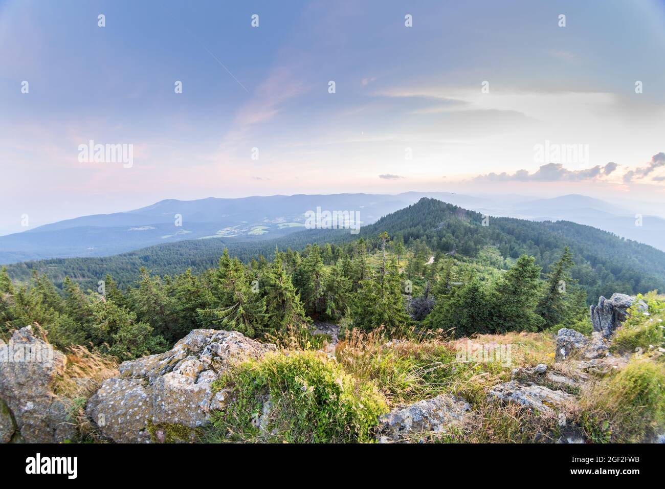 Magnifica vista panoramica sulla cima dell'OSSER nella Foresta Bavarese, bayerischer Wald, montagna tramonto foresta verde valle Foto Stock