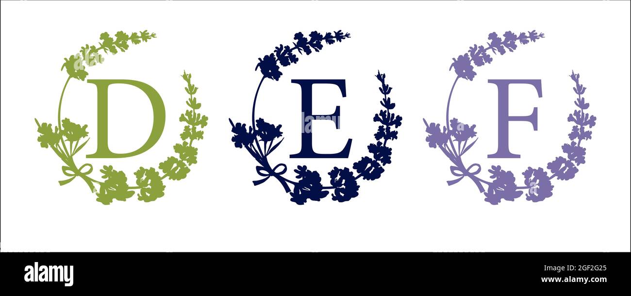 LETTERA D E F. Imposta illustrazioni di schizzo di silhouette disegnate a mano. Corona di fiori di lavanda con monogramma alfabetico. Buona idea per l'arredamento di nozze Illustrazione Vettoriale