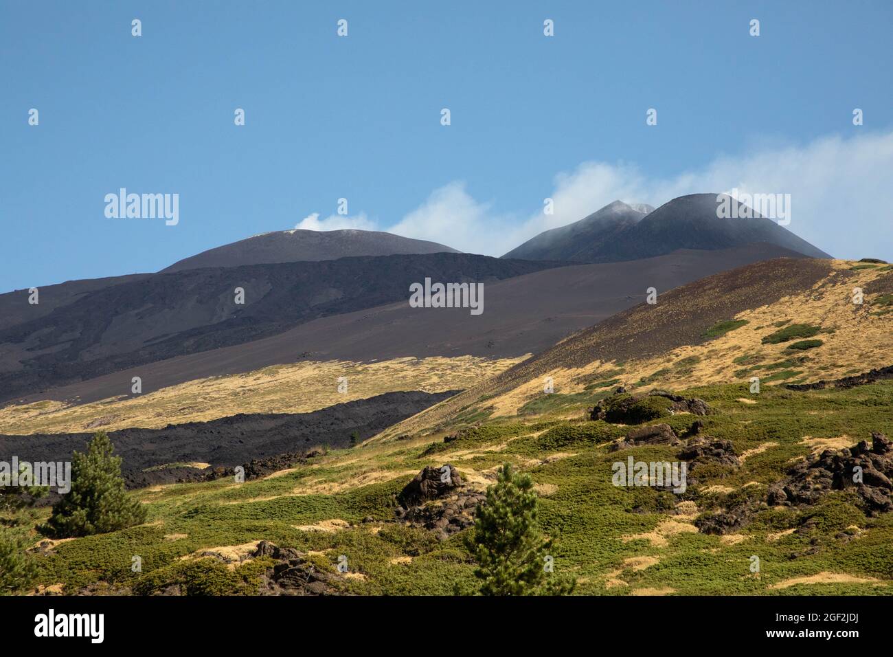 Il cratere dell'Etna e il paesaggio verde della foresta tra i flussi di lava e il cielo blu; Vacanze e avventure in Sicilia. Foto Stock