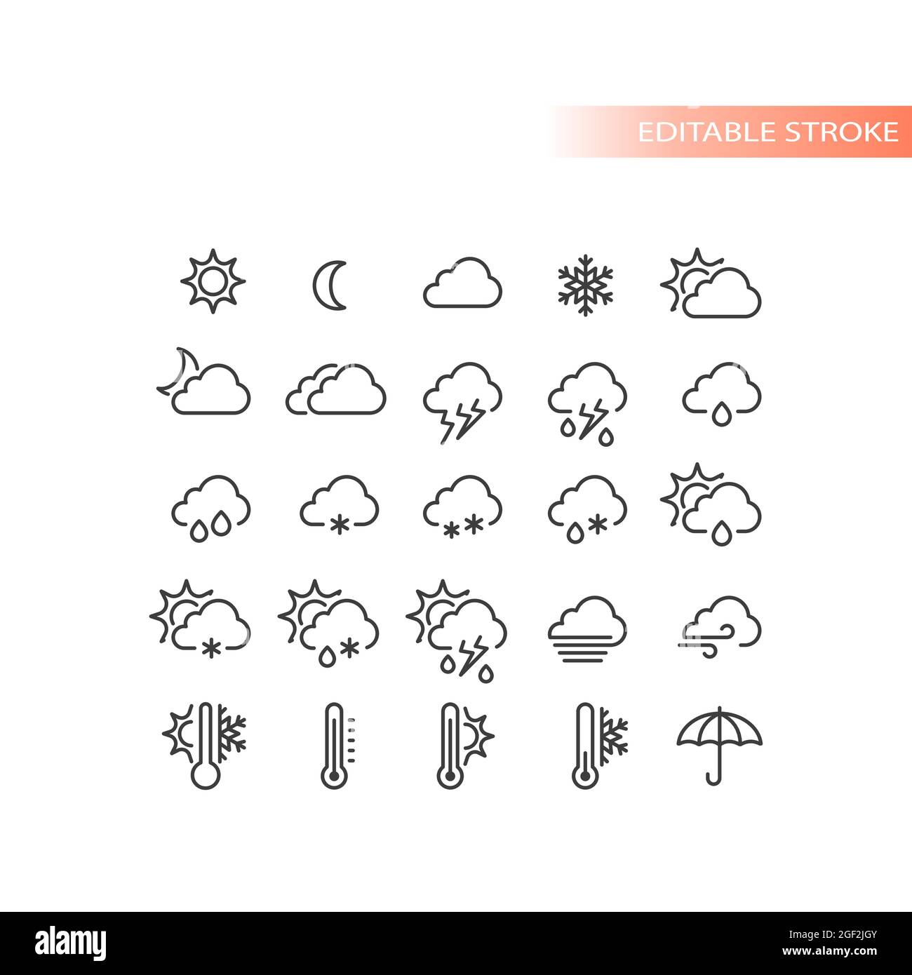 Icona vettore di linea previsione meteo impostata. Tempesta, soleggiato, pioggia, neve icone. Sole e nuvole, simboli caldi e freddi, tratto modificabile. Illustrazione Vettoriale