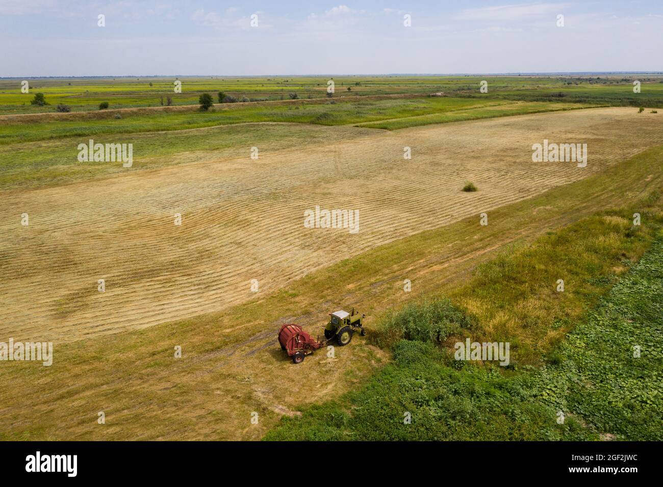 Trattore per la produzione di balle di paglia su campo di grano raccolto. Vista aerea Foto Stock