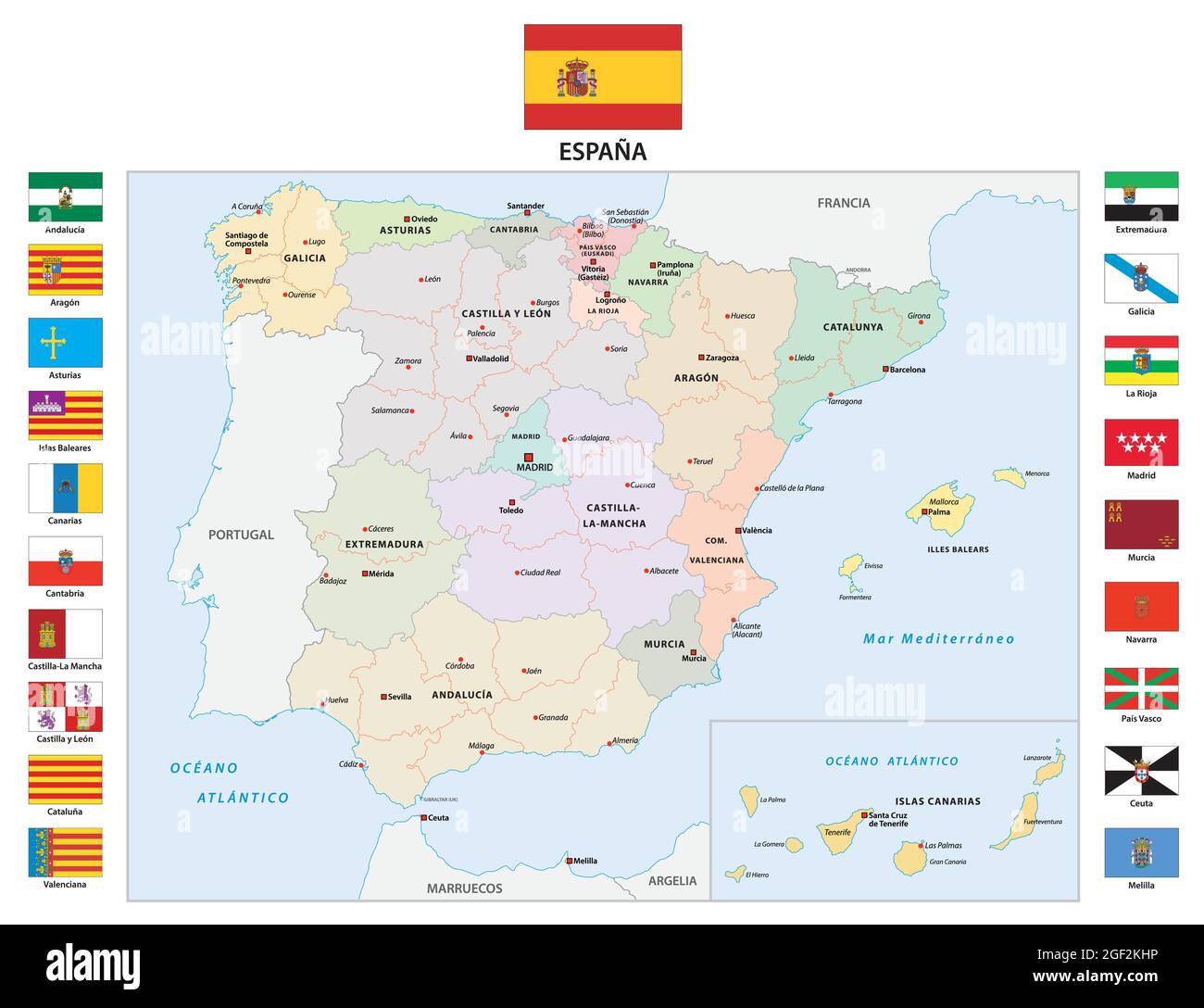 Mappa vettoriale delle regioni autonome della Spagna con bandiera Illustrazione Vettoriale