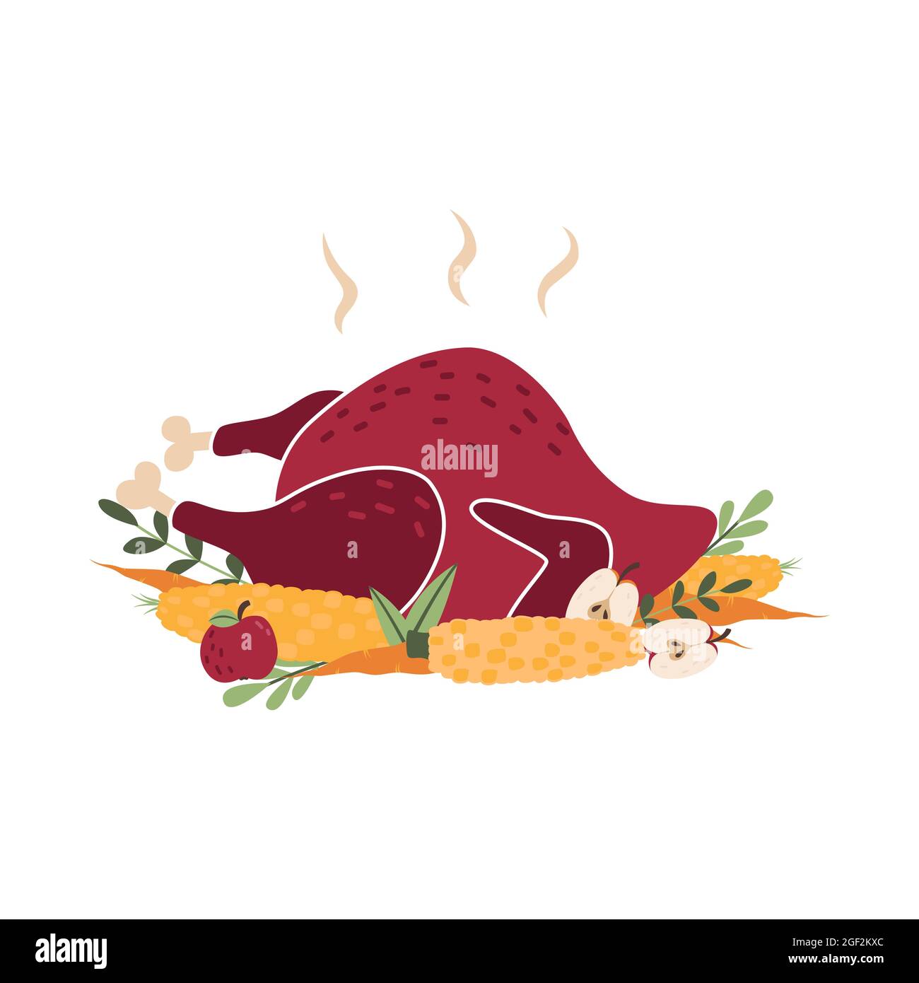 tacchino appetitoso al forno con verdure. Piatto tradizionale per la cena del Ringraziamento. Icona cartoon flat con elemento autunnale. Oggetto, clipart, elemento Illustrazione Vettoriale