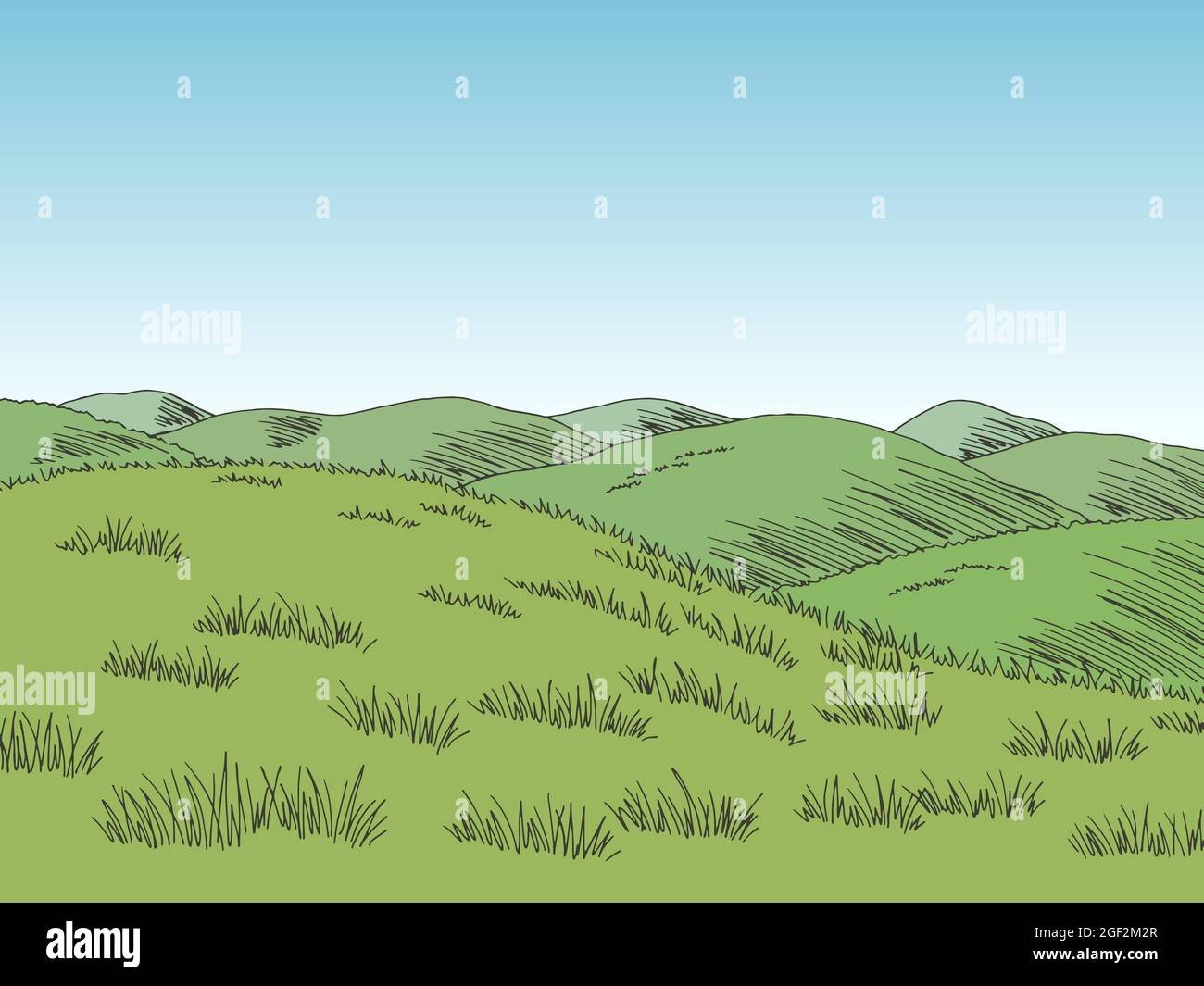 Vettore di illustrazione dello schizzo orizzontale a colori grafici sulle colline Illustrazione Vettoriale