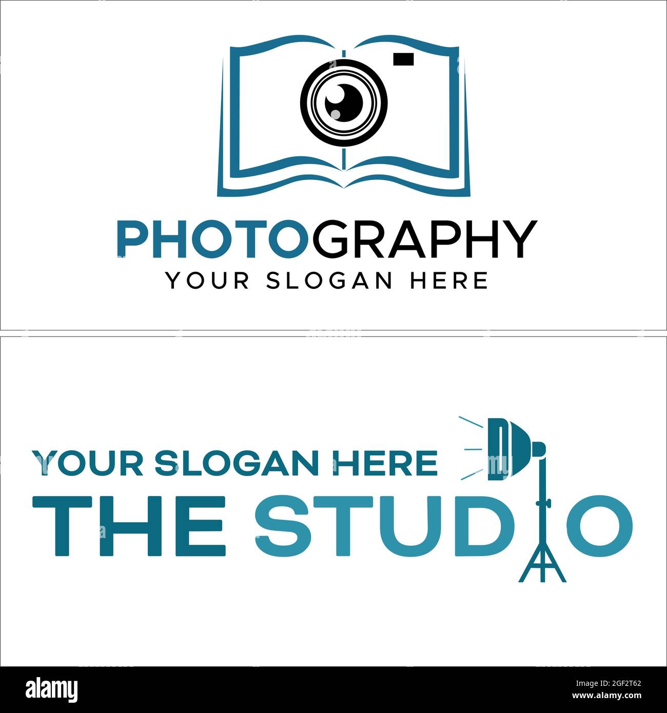 Studio di formazione fotografica con macchina fotografica e design del logo della combinazione del libro Illustrazione Vettoriale