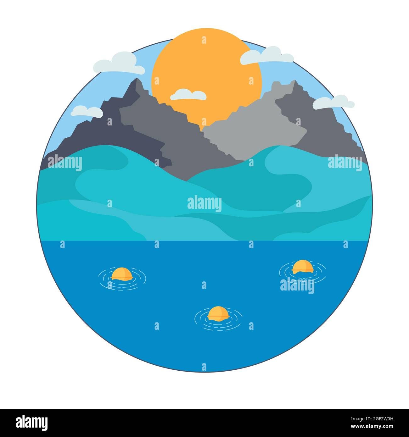 Etichetta circolare vettoriale di paesaggio semplice di montagna e mare, modello di sfondo. Illustrazione vettoriale in stile piatto. Illustrazione Vettoriale