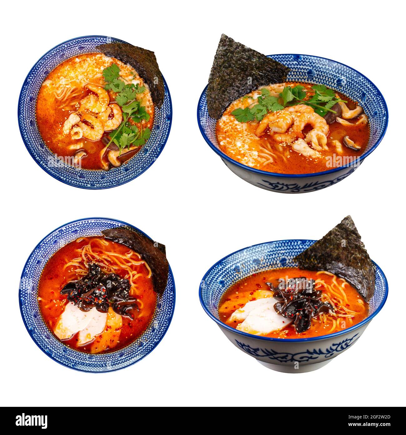 Set collage per zuppa di ramen piccante asiatica isolata Foto Stock