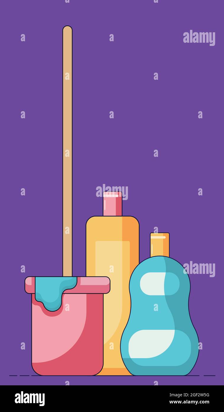 Illustrazione cartoon di un secchio con un mop di fronte a un sapone liquido e impianti di pulizia in tubi di plastica isolati su uno sfondo viola. Vettore Illustrazione Vettoriale