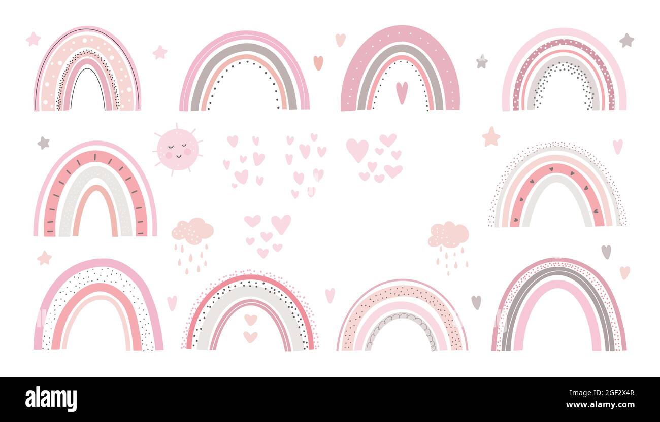 Rainbow cute Vector pastello set su sfondo bianco poster stampabile per bambini. Illustrazione Vettoriale