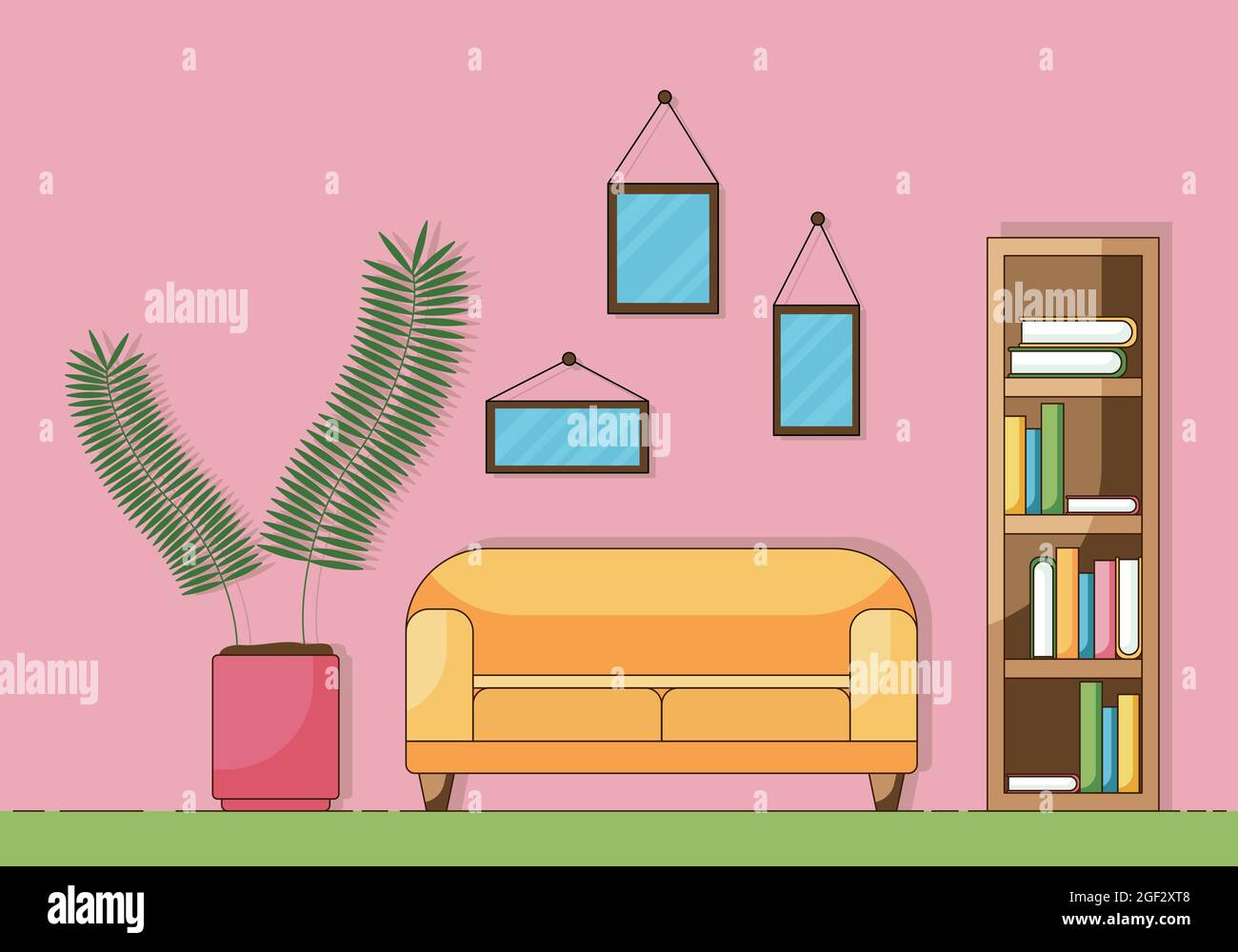 Concetto di cartoon della parte di un accogliente soggiorno con divano, pianta, e libri isolati su uno sfondo rosa. Illustrazione vettoriale in stile piatto. Illustrazione Vettoriale
