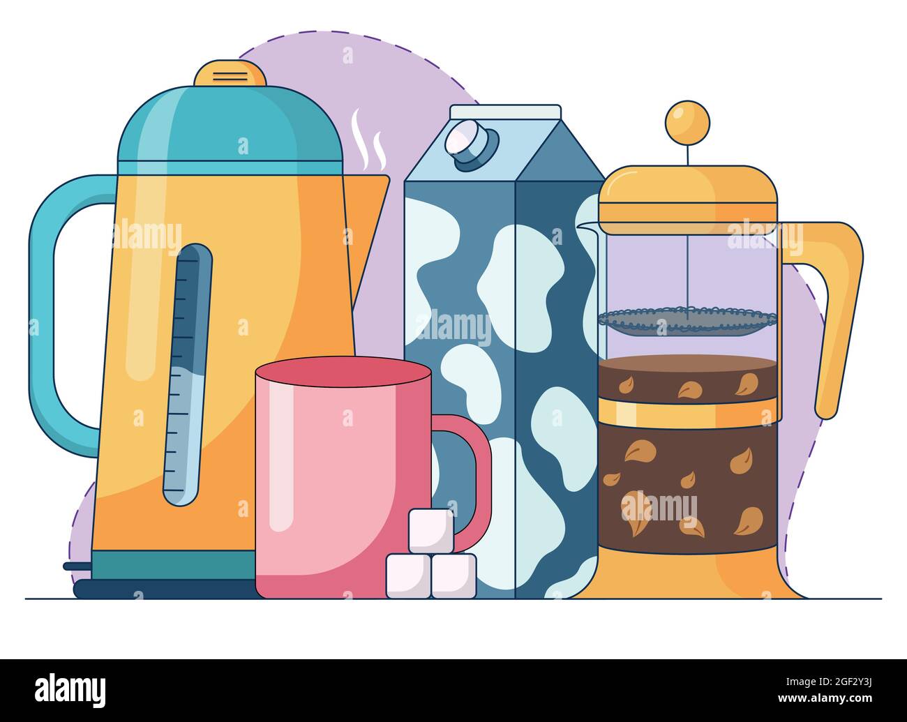 Cartoon astratto illustrazione di fare tè alle erbe, con zucchero, latte e french-press con foglie di tè. Illustrazione vettoriale in stile piatto. Illustrazione Vettoriale