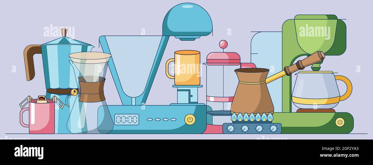 Set di cartoni animati di collezioni di elementi per il caffè, diversi metodi di estrazione, macchine per la preparazione del caffè isolate su sfondo viola. Illustrazione vettoriale in A. Illustrazione Vettoriale