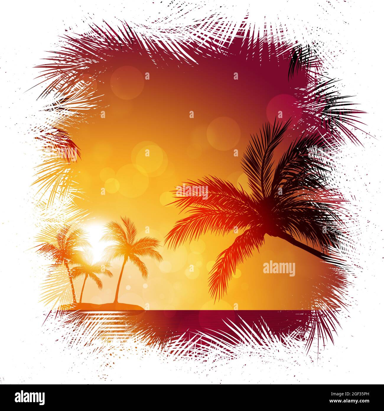 bellissimo tramonto tropicale fresco sfondo naturale con palme e luce solare Foto Stock