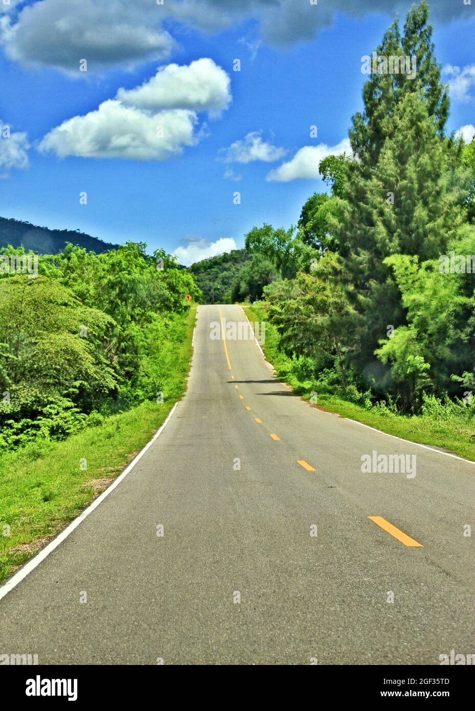 Un cielo blu chiaro e una strada vuota con vegetazione lussureggiante al Parco Nazionale Kaeng Krachan Foto Stock