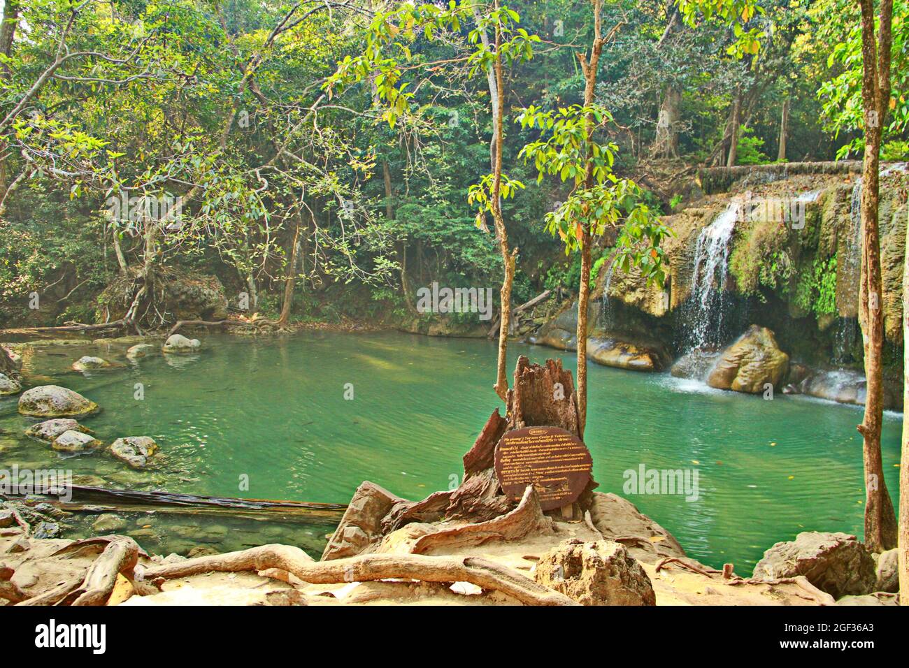 La famosa cascata tropicale della foresta pluviale nel Parco Nazionale di Erawan a Kanchanaburi in Thailandia. Foto Stock