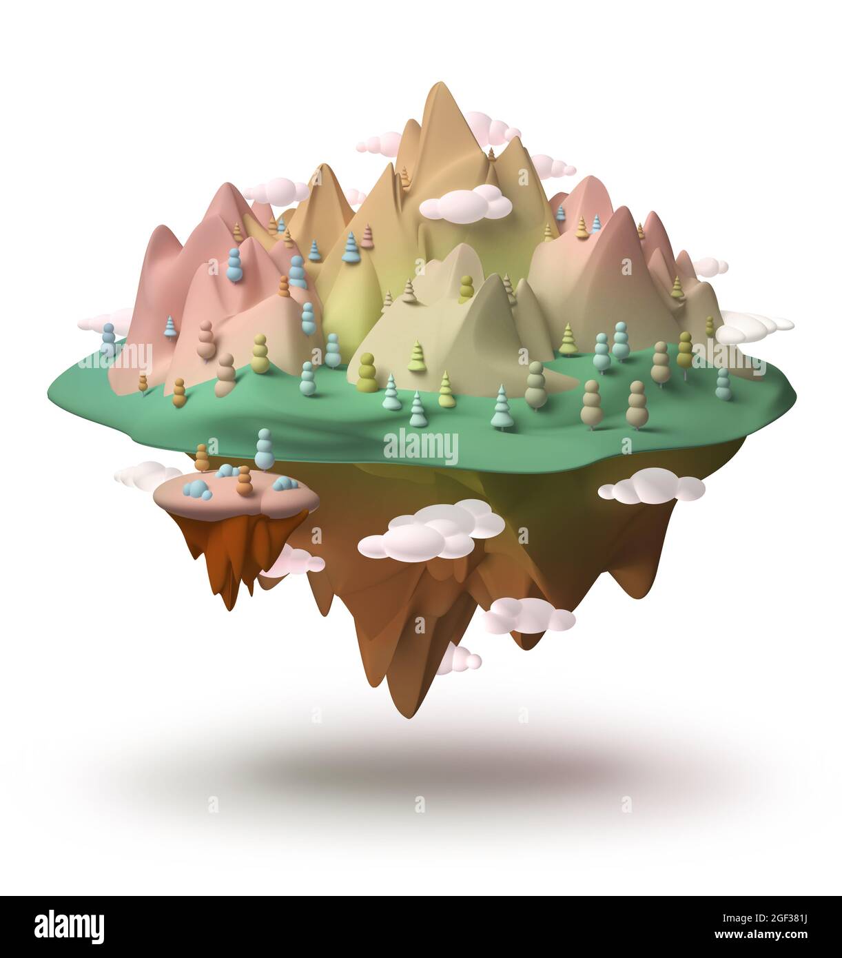 Fantasy Island paesaggio che si sorvolo in 3D creativo sogno d'infanzia concetto, isolato su bianco Foto Stock