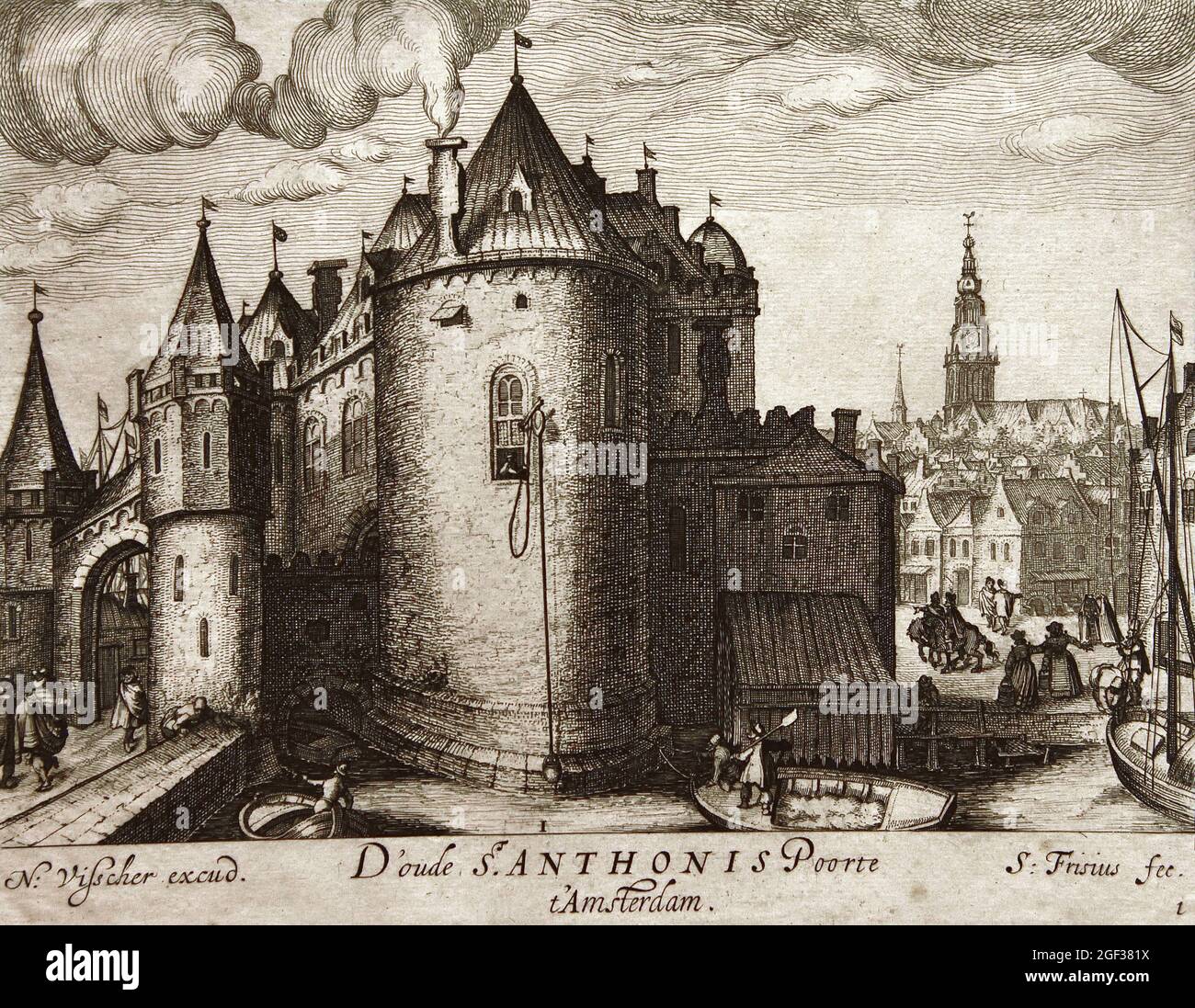 Prima Sint-Antoniespoort ad Amsterdam Oude St Antonis Poort St Anthony Gate ad Amsterdam. Proprio sullo sfondo la Chiesa Vecchia. Edificio del XV secolo, nel 1617-1618, arredato come una impresa. , Simon Frisius 1693 - 1726, olandese, Paesi Bassi. Foto Stock