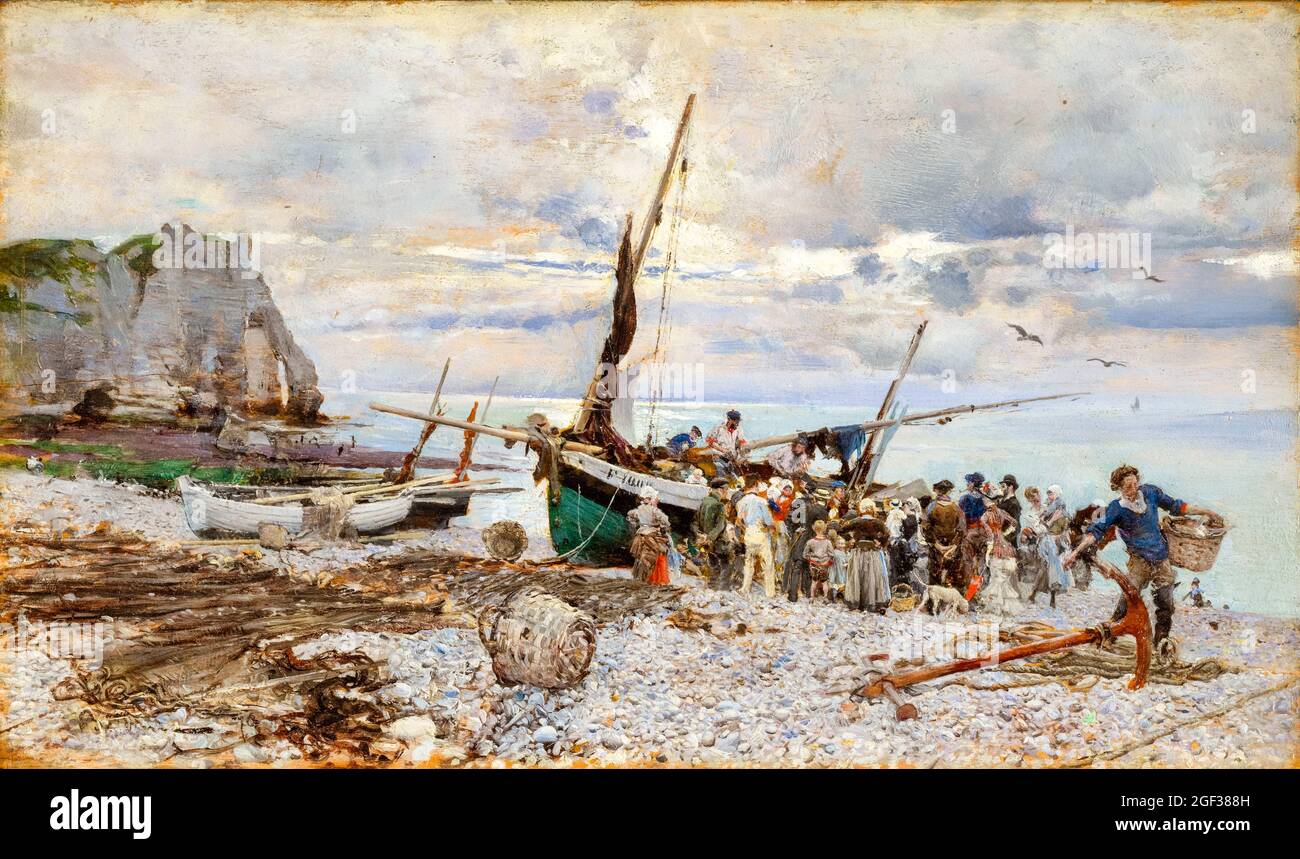 Ritorno delle barche da pesca, Étretat, pittura paesaggistica di Giovanni Boldini, 1879 Foto Stock