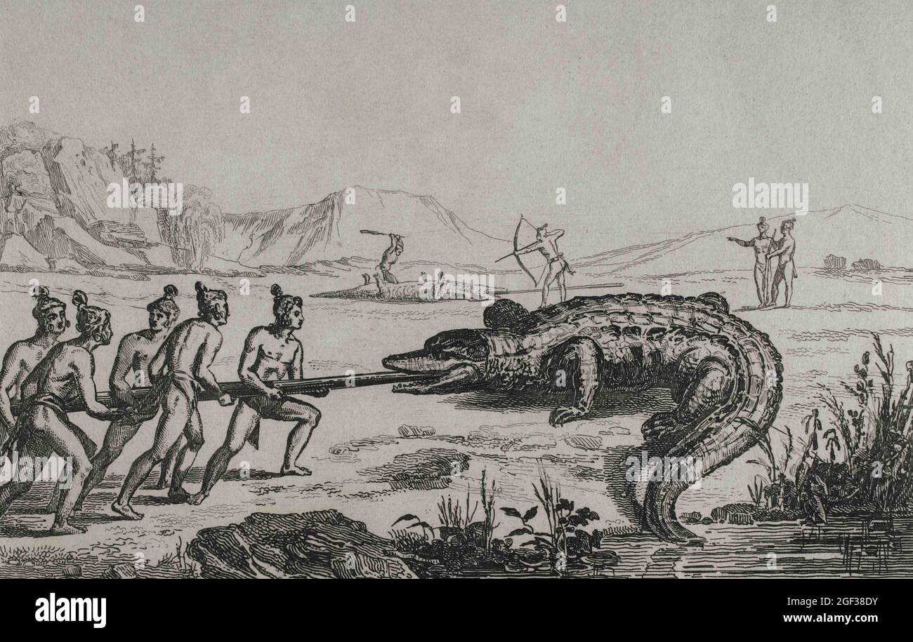 Spedizione francese del XVI secolo. Florida. Caccia al coccodrillo. Nella spedizione Jacques le Moyne de Morgues (1533-1588) ha fatto le illustrazioni. 19. cen Foto Stock