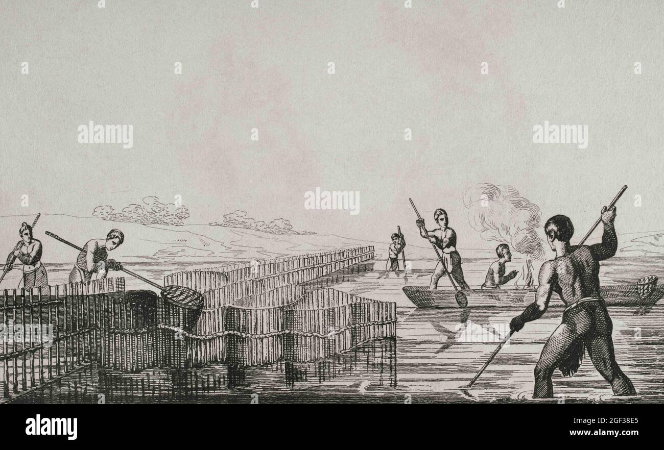Stati Uniti d'America. Spedizione francese del XVI secolo. Florida. Seminoles Indiani pesca. Jacques le Moyne de Morgues (1533-1588) ha fatto l'illustre Foto Stock