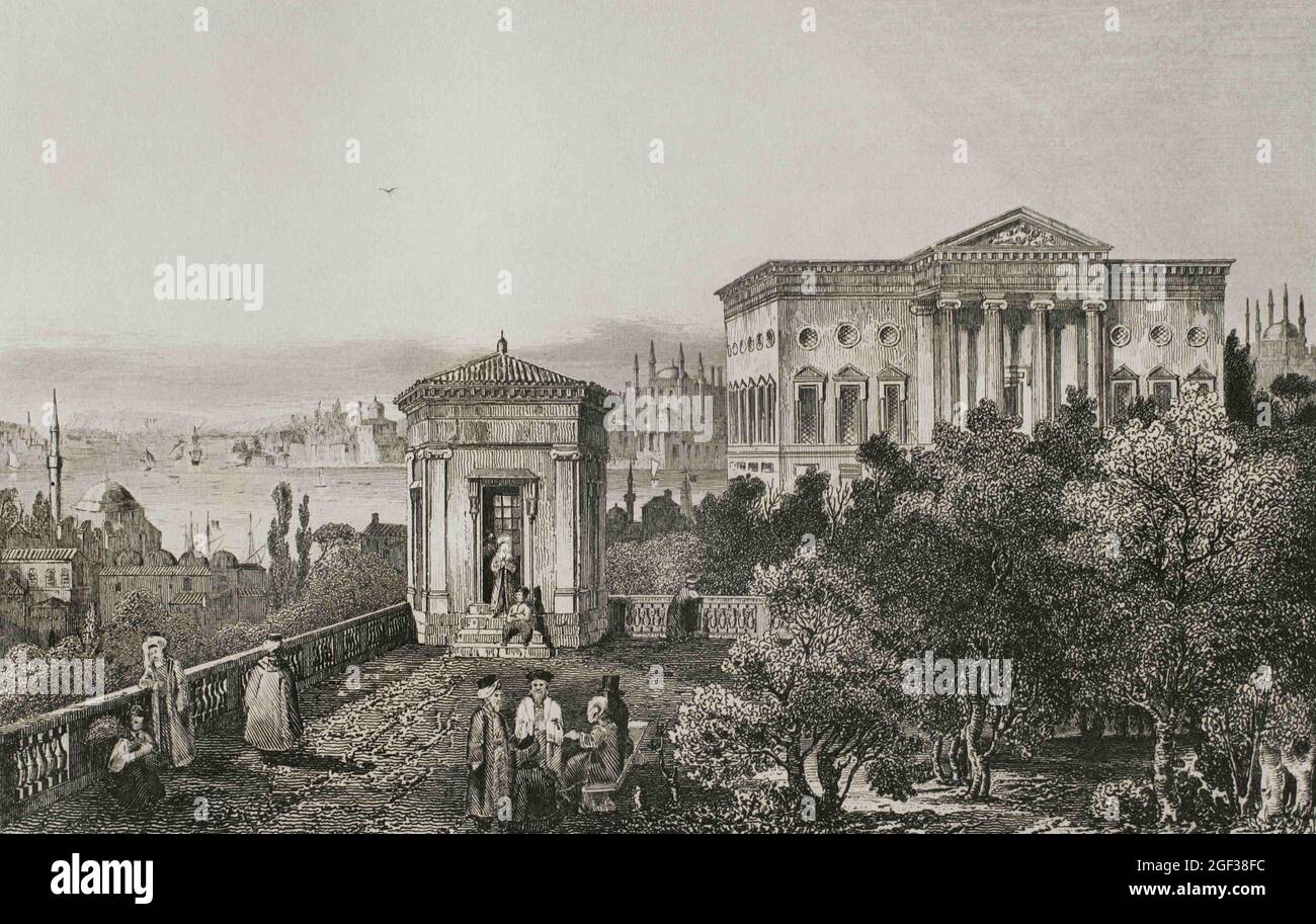 Impero Ottomano. Turchia. Costantinopoli (oggi Istanbul). Panoramica da una delle terrazze del Palazzo Francese, vicino al Palazzo di Venezia. Incisione Foto Stock