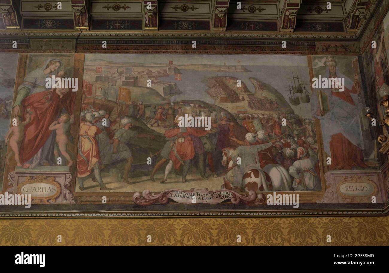 Palazzo del Gran Maestro, XVI-XVIII secolo. Residenza del Gran Maestro dell'Ordine di San Giovanni. Affresco che il decorano le pareti del Foto Stock