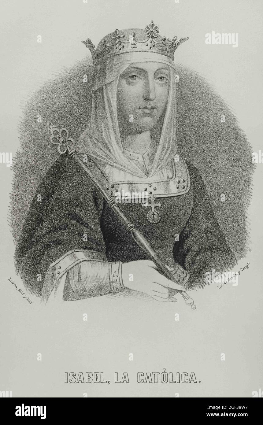 Isabella i (1451-1504). Regina di Castiglia (1474-1504). Regina consorte di Aragona per il suo matrimonio con Ferdinando II di Aragona. Verticale. Illustrazione di ll Foto Stock