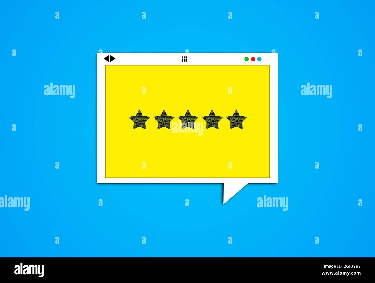 Sito web Design schermo con cinque Stelle giallo Speech Bubble con 5 Stelle. Analisi, valutazione e soddisfazione dei clienti online concetto di Creative idea. 3D Ill Foto Stock