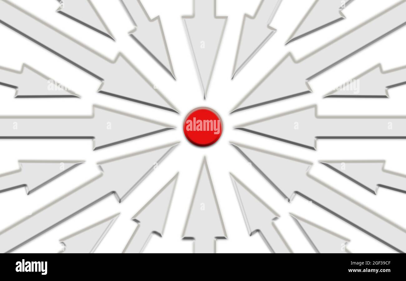 Freccia 3d bianca verso il cerchio di destinazione su sfondo bianco. Illustrazione 3d. Gruppo di freccia andare alla stessa direzione o obiettivo. Concetto di concorrenza. Foto Stock