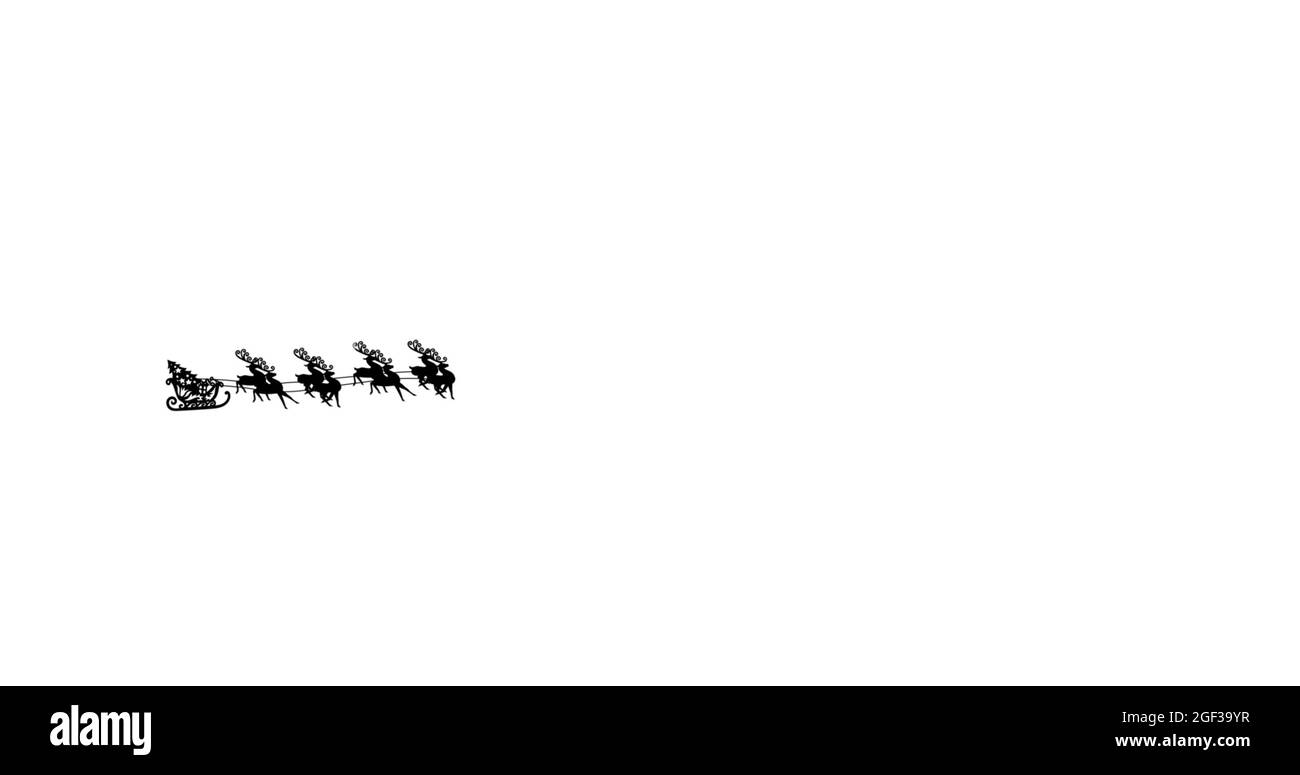 Immagine natalizia della silhouette di babbo natale e delle sue renne che volano su uno sfondo bianco Foto Stock