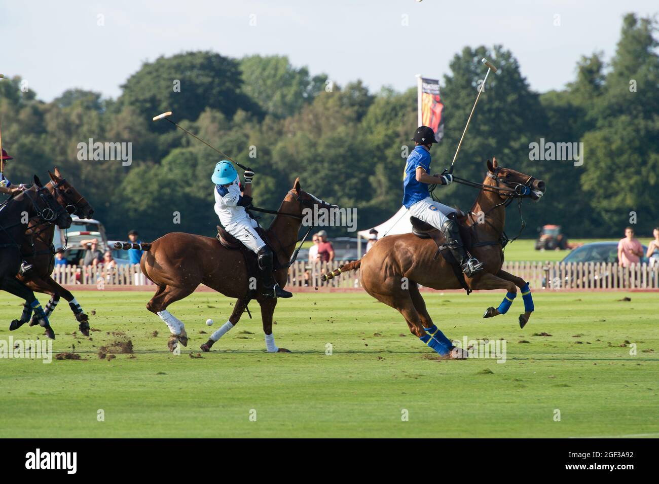 Egham, Surrey, Regno Unito. 22 agosto 2021. Combatte sul campo di polo tra la squadra di polo del Park Place e la squadra di polo di Monterosso. Credit: Maureen McLean/Alamy Foto Stock