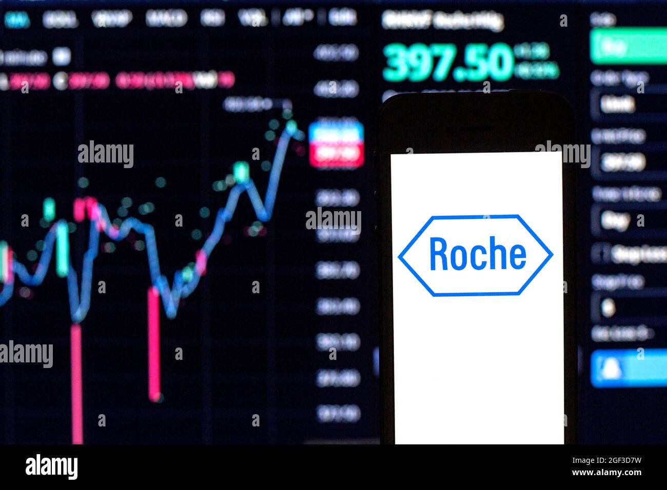 Spagna. 11 Agosto 2021. In questa foto è illustrato un logo Hoffmann-la Roche visualizzato su uno smartphone con le informazioni di mercato azionario di Hoffmann-la Roche sullo sfondo. (Foto di Thiago Prudencio/SOPA Images/Sipa USA) Credit: Sipa USA/Alamy Live News Foto Stock