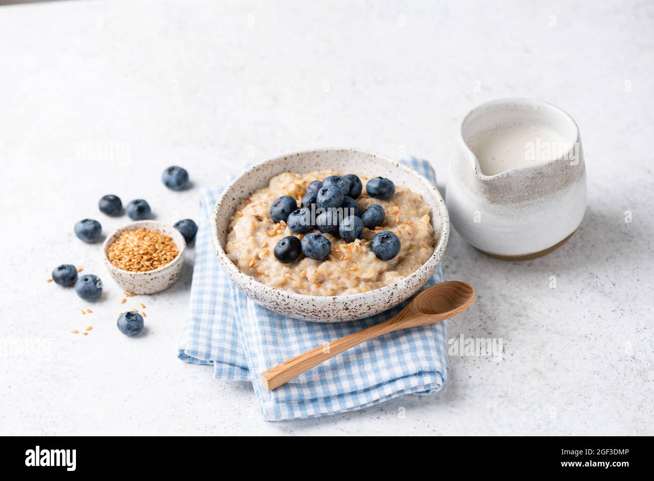 Porridge di fiocchi d'avena vegano con mirtilli e semi di lino su sfondo grigio naturale. Mangiare sano, dieta, fitness cibo stile di vita concetto Foto Stock