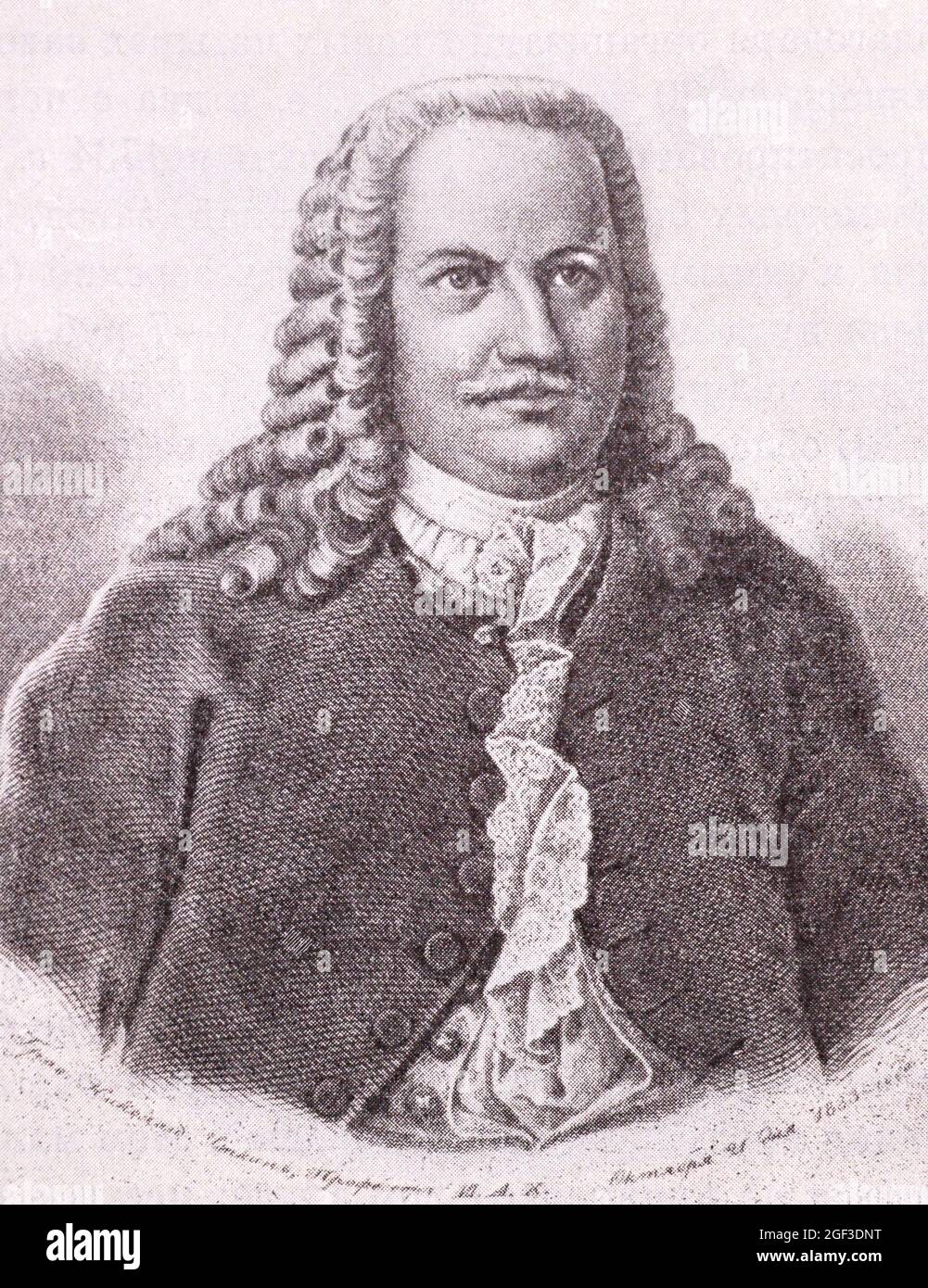 Akinfy Demidov. L'incisione del 18 ° secolo. Akinfy Nikitich Demidov (1678 - 1745) - uomo d'affari russo della dinastia Demidov, figlio di Nikita Demidov, fondatore dell'industria mineraria degli Urali e della Siberia. Foto Stock