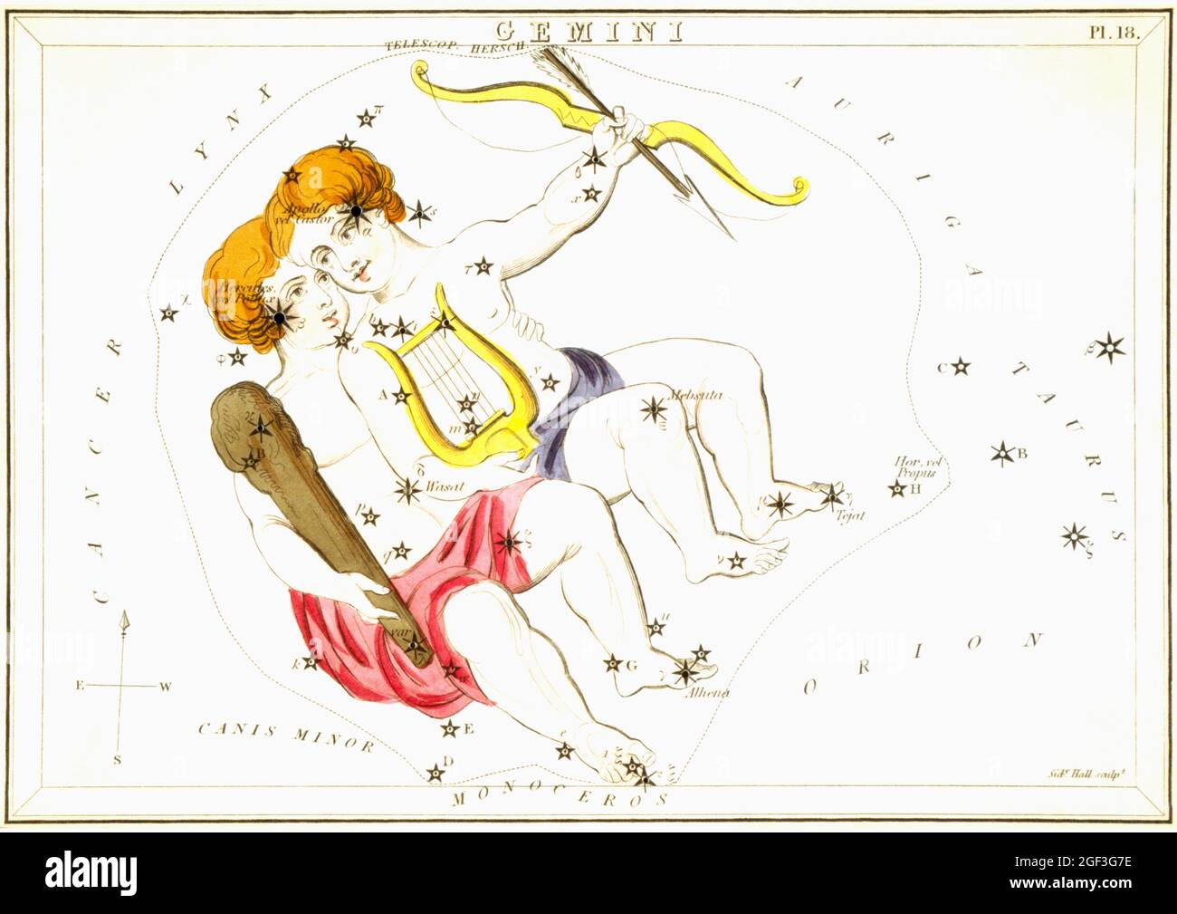 Vintage Sidney Hall, mappe astronomiche/astrologiche delle stelle - Gemini Foto Stock