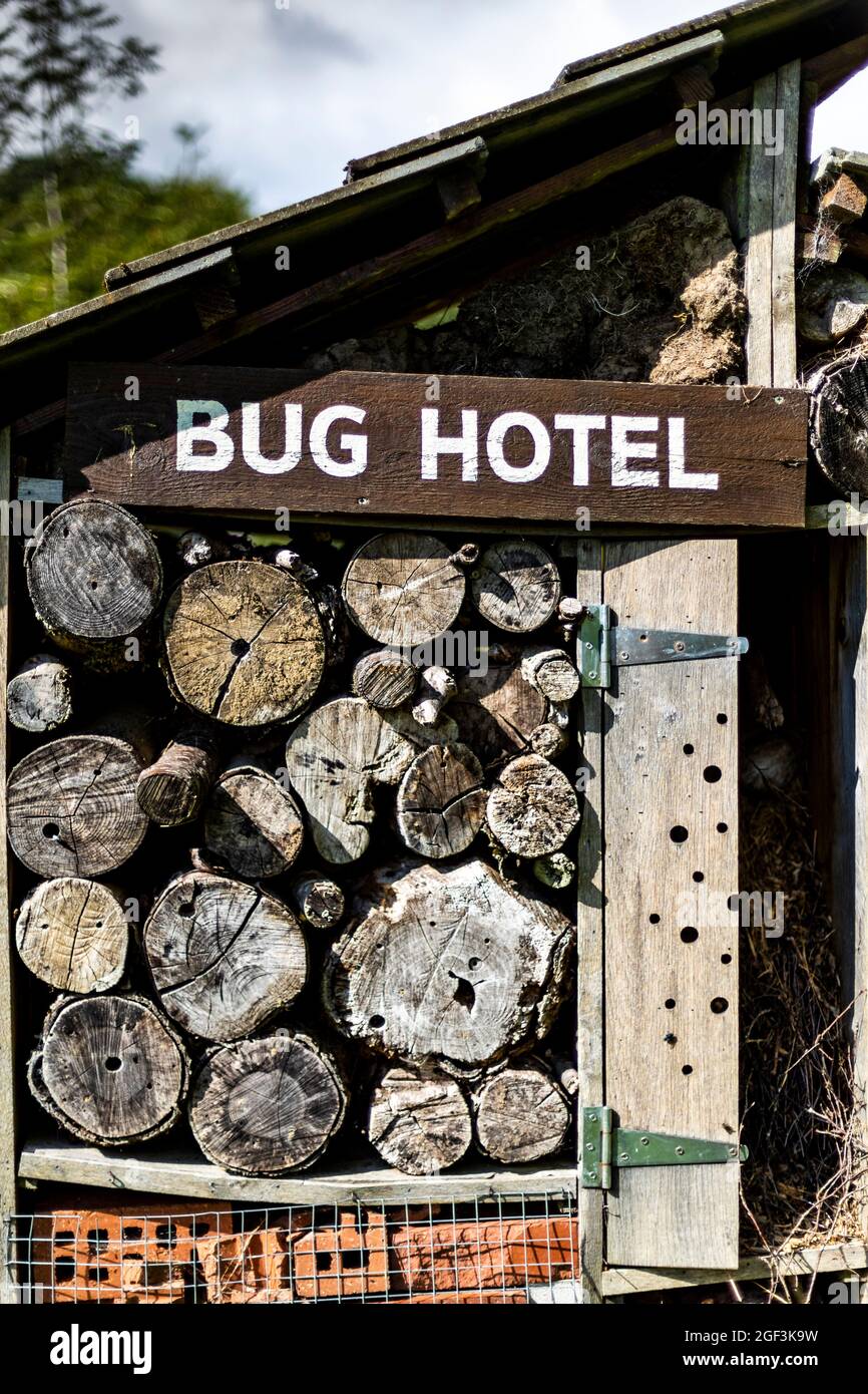 Grande bug hotel costruito con vari materiali per fornire habitat e sopra wintering rifugio per invertebrati. Foto Stock