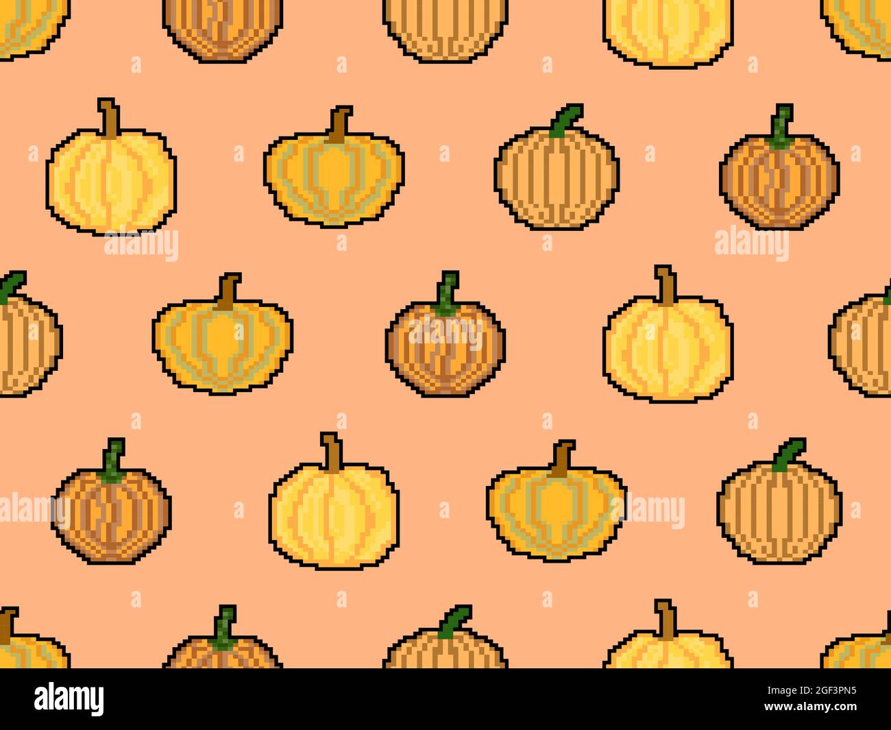 Modello di zucca senza cuciture in stile pixel art. Zucca a 8 bit in stile retrò 2D. Disegno per la stampa, la carta da imballaggio e la pubblicità. Illustrazione vettoriale Illustrazione Vettoriale